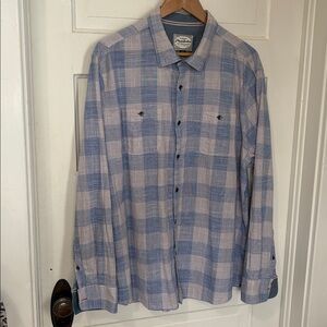 Men Flag & Anthem Light Blue Tan Plaid Button Long Sleeve Shirt Size 2XL